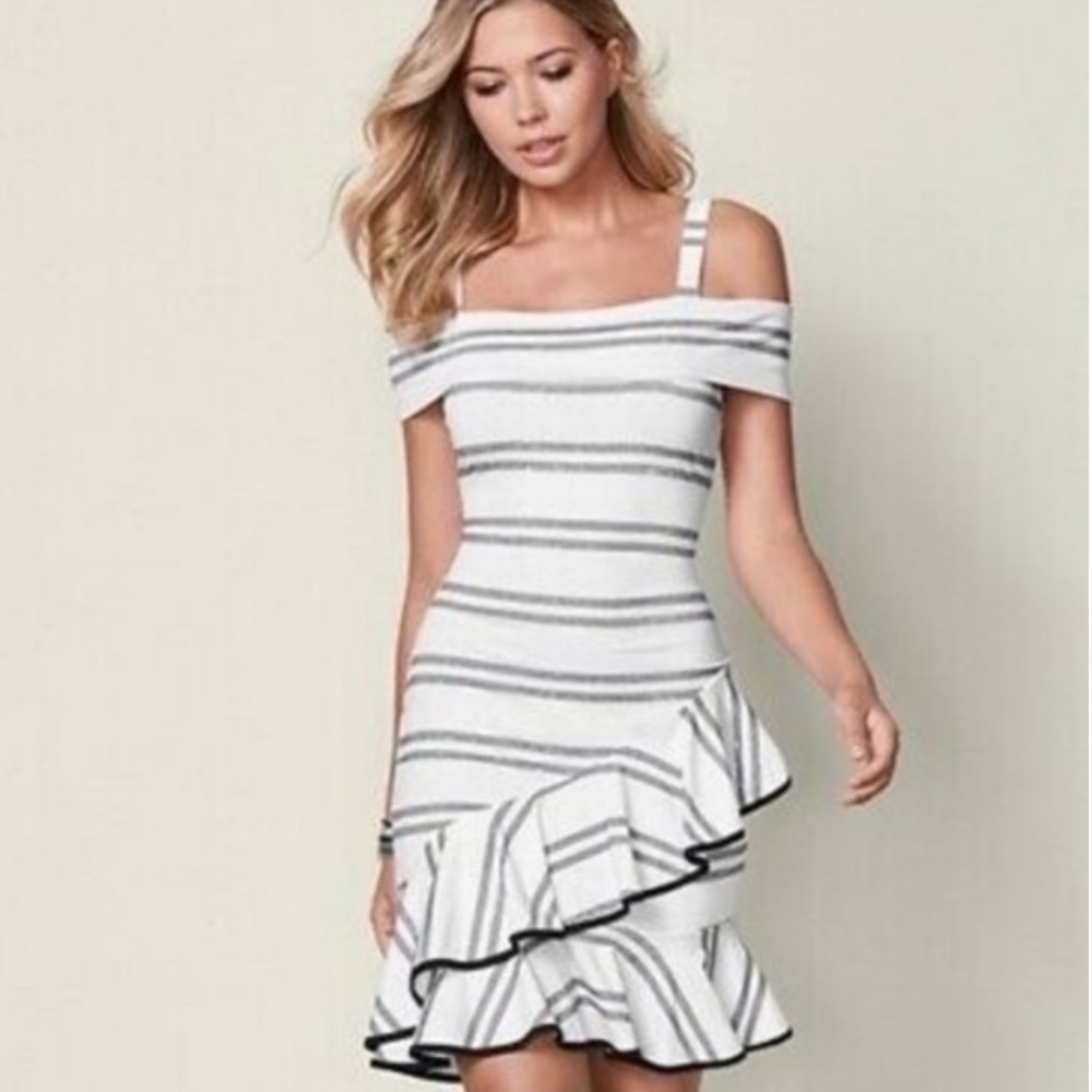 Venus dress size small. Gray, white, and black. Open shoulder.